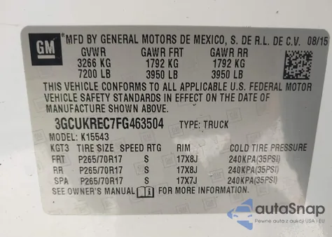 2015 Chevrolet Silverado 1500 2Lt from USA, damaged, VIN 3GCUKREC7FG463504
